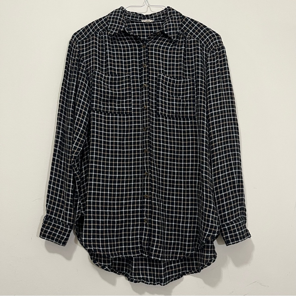 Anthropologie Pilcro Relaxed Plaid Shirt Tunic Button Front Size S Black White